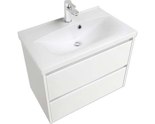 Waschtischunterschrank 3261 weiß matt mit Glasfront BxHxT 75 x 52,9 x 42 cm Waschtischunterschrank mit zwei Schubladen und Armatur