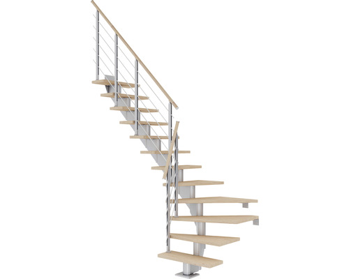 Pertura Mittelholmtreppe Alena Perlgrau 1/4 gewendelt unten links/rechts 75 cm Relinggeländer Eiche Weiss geölt 11 Stufen / 12 Steigungen