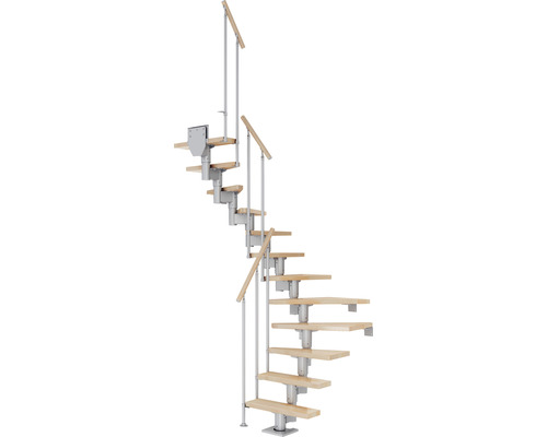 Pertura Mittelholmtreppe Spiros Perlgrau 1/2-gewendelt 75 cm Stabgeländer Buche Leimholz Lackiert 12 Stufen / 13 Steigungen