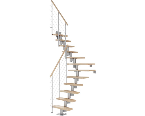 Pertura Mittelholmtreppe Spiros Perlgrau 1/4 gewendelt unten links/rechts 65 cm Relinggeländer Buche Leimholz Lackiert 12 Stufen / 13 Steigungen