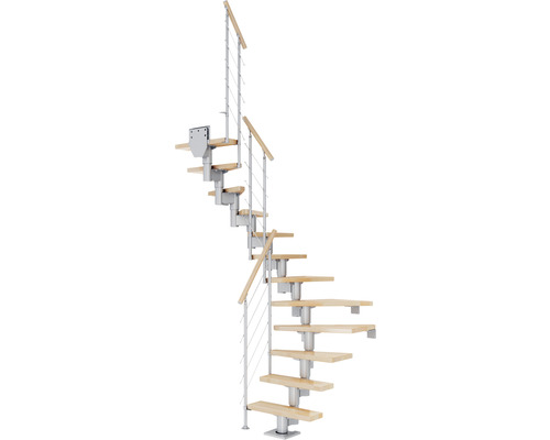 Pertura Mittelholmtreppe Spiros Perlgrau 1/2-gewendelt 65 cm Relinggeländer Buche Leimholz Lackiert 12 Stufen / 13 Steigungen