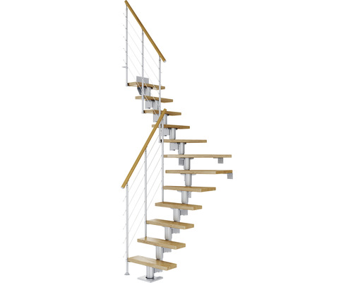 Pertura Mittelholmtreppe Spiros Perlgrau 1/4 gewendelt unten links/rechts 65 cm Relinggeländer Eiche Lackiert 13 Stufen / 14 Steigungen Spindeltreppe mit Holzstufen und Geländer aus Metall