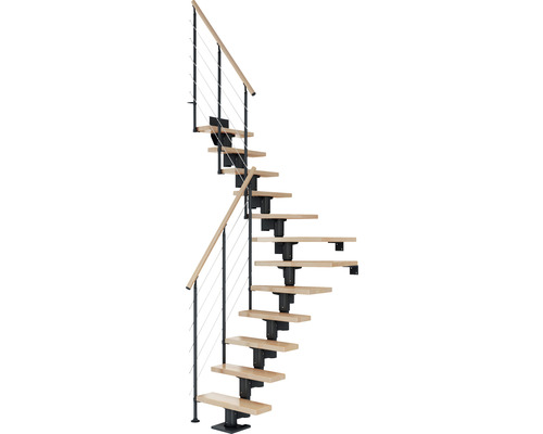 Pertura Mittelholmtreppe Spiros Anthrazit 1/4 gewendelt unten links/rechts 65 cm Relinggeländer Buche Leimholz Lackiert 11 Stufen / 12 Steigungen