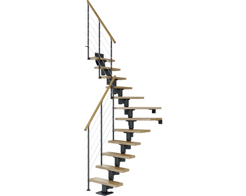Pertura Mittelholmtreppe Spiros Anthrazit 1/4 gewendelt unten links/rechts 65 cm Relinggeländer Eiche Lackiert 13 Stufen / 14 Steigungen Wendeltreppe aus Holz und Metall mit Geländer