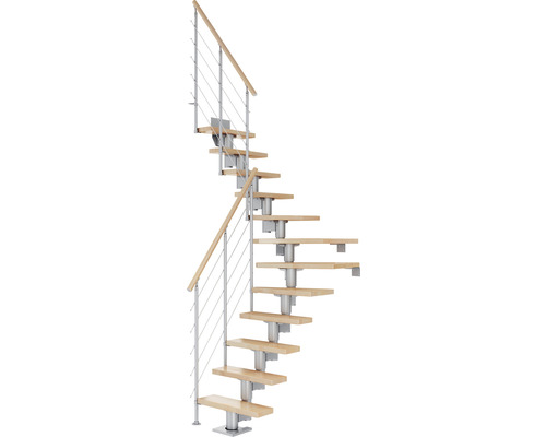 Pertura Mittelholmtreppe Spiros Perlgrau 1/4 gewendelt unten links/rechts 75 cm Relinggeländer Buche Leimholz Lackiert 14 Stufen / 15 Steigungen Spindeltreppe mit Holzstufen und Geländer