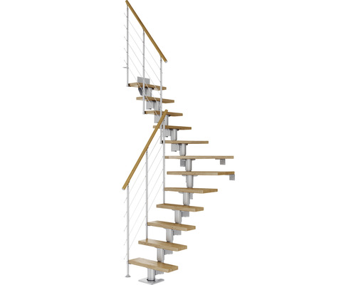 Pertura Mittelholmtreppe Spiros Perlgrau 1/4 gewendelt unten links/rechts 75 cm Relinggeländer Eiche Lackiert 12 Stufen / 13 Steigungen Raumspartreppe mit Holzstufen und Geländer aus Metall