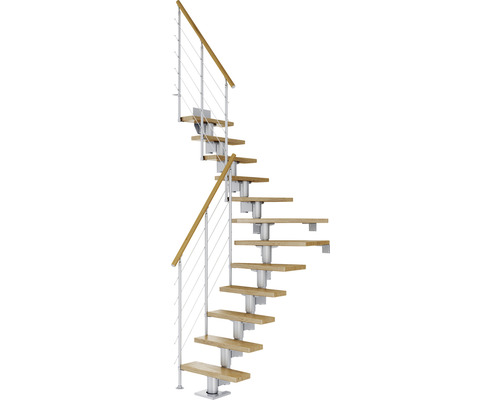 Pertura Mittelholmtreppe Spiros Perlgrau 1/4 gewendelt unten links/rechts 75 cm Relinggeländer Eiche Lackiert 14 Stufen / 15 Steigungen Wendeltreppe mit Holzstufen und Metallgeländer