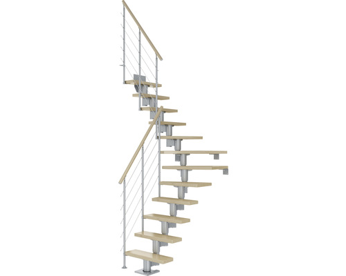 Pertura Mittelholmtreppe Spiros Perlgrau 1/4 gewendelt unten links/rechts 75 cm Relinggeländer Ahorn Leimholz Lackiert 13 Stufen / 14 Steigungen