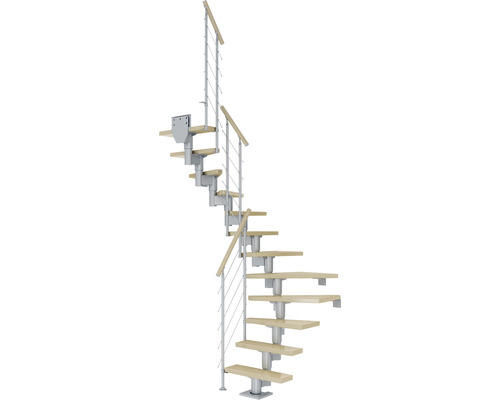 Pertura Mittelholmtreppe Spiros Perlgrau 1/2-gewendelt 75 cm Relinggeländer Ahorn Leimholz Lackiert 12 Stufen / 13 Steigungen