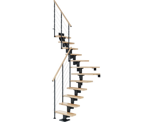 Pertura Mittelholmtreppe Spiros Anthrazit 1/4 gewendelt unten links/rechts 75 cm Relinggeländer Buche Leimholz Lackiert 14 Stufen / 15 Steigungen Raumspartreppe mit Holzstufen und Metallgeländer