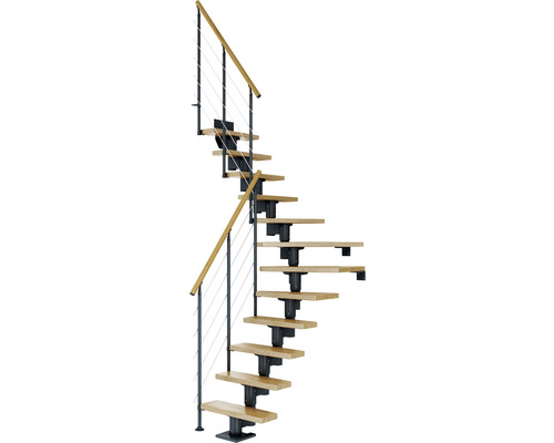 Pertura Mittelholmtreppe Spiros Anthrazit 1/4 gewendelt unten links/rechts 75 cm Relinggeländer Eiche Lackiert 12 Stufen / 13 Steigungen Wendeltreppe mit Holzstufen und Metallgeländer