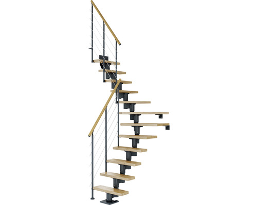 Pertura Mittelholmtreppe Spiros Anthrazit 1/4 gewendelt unten links/rechts 75 cm Relinggeländer Eiche Lackiert 14 Stufen / 15 Steigungen Wendeltreppe mit Holzstufen und Geländer