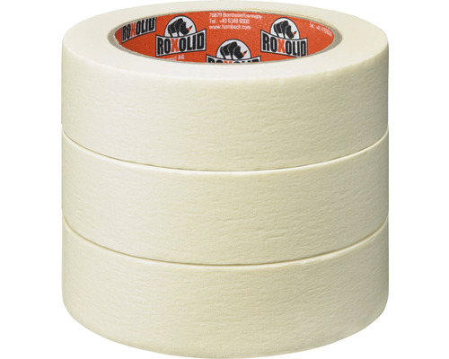 ROXOLID Masking Tape Flachkreppband beige 30 mm x 50 m 3 Stück Stapel aus drei Rollen Malerkreppband