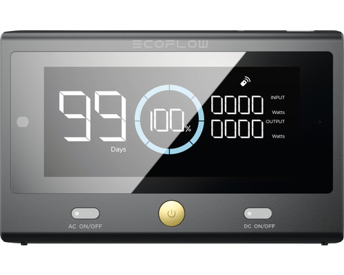 EcoFlow Remote Control-Screen für die Überwachung der Delta Pro Powerstation Nahaufnahme eines Ecoflow Geräts mit digitaler Anzeige von Eingangsleistung, Ausgangsleistung und Batteriestand