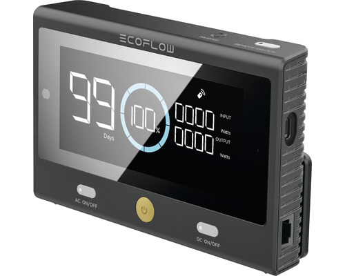 EcoFlow Smart Home Panel Anzeige mit Informationen zu Tagen, Prozent, Eingangsleistung und Ausgangsleistung.