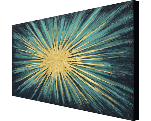 Gemälde mit abstraktem goldenem Strahlenmuster auf Leinwand