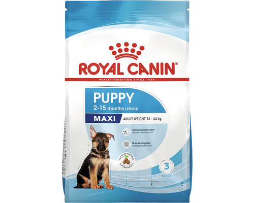 Royal Canin Logo. Trockenfutter für Welpen großer Rassen mit einem Erwachsenengewicht von 26 bis 44 Kilogramm