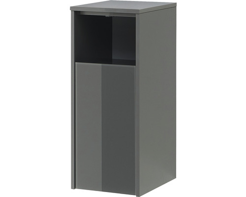 Grauer Badezimmerschrank mit einer Tür und einem offenen Fach.