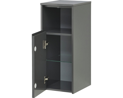 Grauer Hängeschrank mit offener Tür und Innenregalen