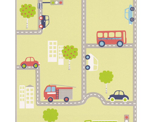 Papiertapete 93632-2 Boys & Girls 2018 Straßenmuster grün-bunt Tapete mit Motiv aus Autos, Bussen, Feuerwehrautos, Gebäuden und Straßen