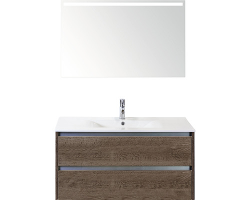 Badmöbel-Set Sanox Dante BxHxT 101 x 170 x 46 cm Frontfarbe tabacco mit Waschtisch Keramik und Waschtischunterschrank Spiegel mit LED-Beleuchtung Keramik-Waschtisch