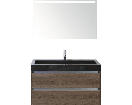 Badmöbel-Set Sanox Dante BxHxT 101 x 170 x 45,5 cm Frontfarbe tabacco mit Waschtisch Naturstein und Naturstein-Doppelwaschtisch Waschtischunterschrank Spiegel mit LED-Beleuchtung