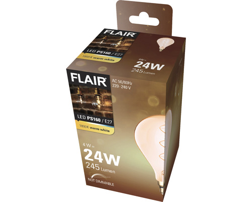Verpackung einer nicht dimmbaren Flair LED Lampe PS160 E27 mit 1800 Kelvin
