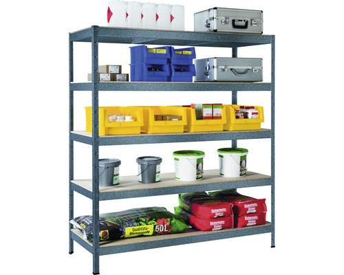 Vollständig bestücktes, graues Schwerlastregal mit fünf Regalböden