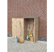 Holz Geräteschuppen mit Gartengeräten vor einer Ziegelwand