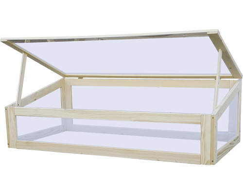 Frühbeet aus Holz mit Plexiglas-Abdeckung, geöffnet.