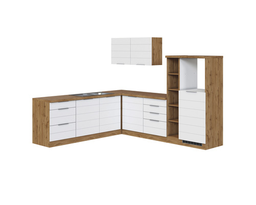 Eckküche mit weißen Schubladen und Hängeschrank