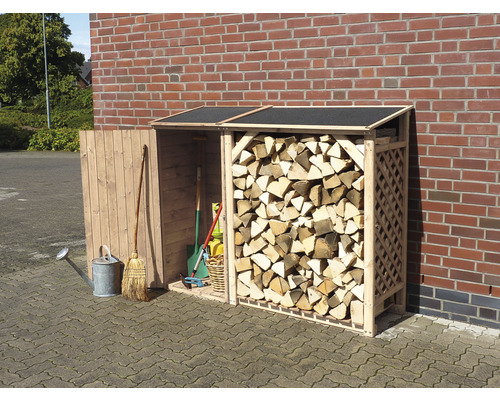 Kaminholzunterstand, Geräteschrank promadino Speyer 192 x 68,5 x 148 cm natur Holzlager mit Brennholz, Gartengeräten und Zubehör an einer Ziegelwand