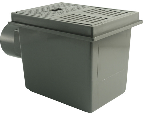 Kellerablauf mit Rückstau Dreifachverschluss grau mit seitlichem Ablauf NW 110 mm Kunststoff-Ablaufbox mit Gitterrost