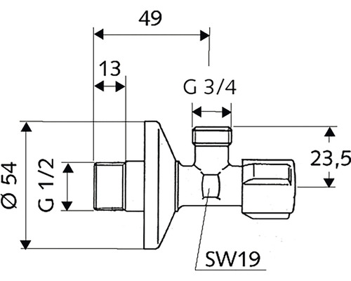 Technische Zeichnung eines Eckregulierventils mit Maßangaben