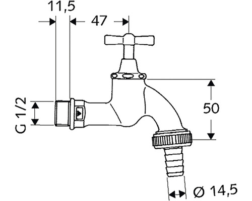 Technische Zeichnung einer Wasserarmatur mit Maßen