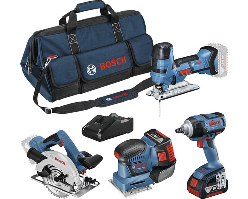 18V-Profi-Set Bosch Professional Holz-Set Akku-Drehschlagschrauber GDS 18V-300 + Akku-Kreissäge GKS 18V-LI + Akku-Stichsäge GST 18 V-LI + Akku-Schwingschleifer GSS 18V-10 inkl. 2 Akkus (5.0 Ah), Ladegerät und Tasche