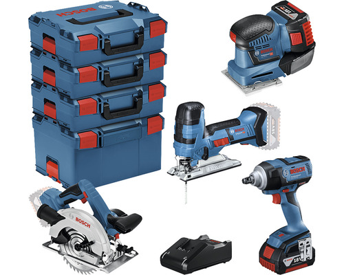 Bosch Professional 18V-Akku-Profi-Set Holz Drehschlagschrauber + Kreissäge + Stichsäge + Schwingschleifer inkl. 2 Akkus (5.0 Ah), Ladegerät & 3x L-BOXX136 + 1x L-BOXX238