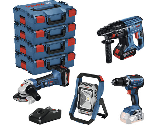 Bosch Professional 18V-Akku-Profi-Set Elektriker Bohrschrauber + Baustellenlampe + Bohrhammer + Winkelschleifer inkl. 2 Akkus (5.0 Ah), Ladegerät und 4x L-BOXX 136