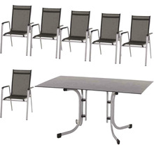 Gartentisch mit sechs Armlehnstühlen aus Aluminium und Textilbespannung