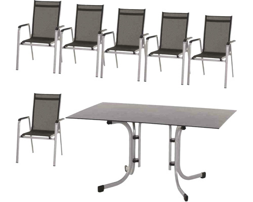 Gartentisch mit sechs Armlehnstühlen aus Aluminium und Textilbespannung