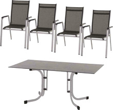 Gartentischgruppe mit vier Stühlen und einem Tisch mit Klappgestell