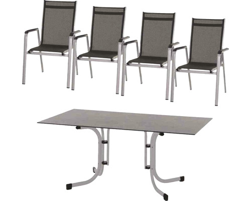 Gartentischgruppe mit vier Stühlen und einem Tisch mit Klappgestell