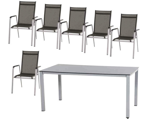 Gartentisch mit sechs Gartenstühlen aus Aluminium und Textilgewebe