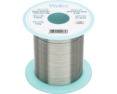 Weller T0051401390, T0051401399 SDN Lötdraht WSW SCN M1 0,8mm, Sn0,6Cu0,05Ni3,5% Weller Lötdraht auf Spule, Durchmesser 0.8 mm