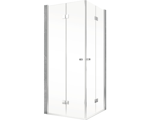 Eckdusche mit klaren Glaswänden und silberfarbenen Beschlägen