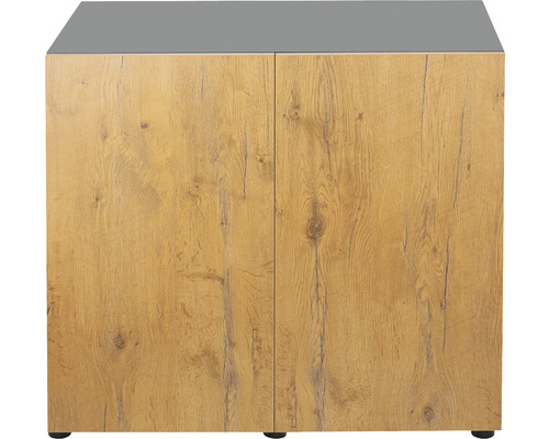 Holzfarbener Unterschrank mit zwei Türen und einer grauen Platte