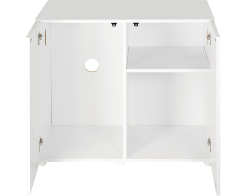 Weißer Unterschrank mit offenem Stauraum und einer Ablage