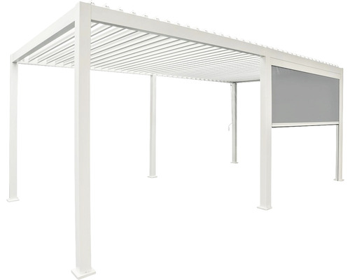 Freistehende Pergola mit Lamellendach und Seitenteil zum Sonnenschutz
