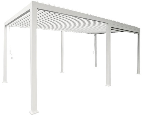 Freistehende weiße Pergola mit Lamellendach