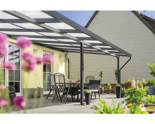 Terrassenüberdachung gutta Premium Polycarbonat weiß gestreift 812,5 x 306 cm anthrazit